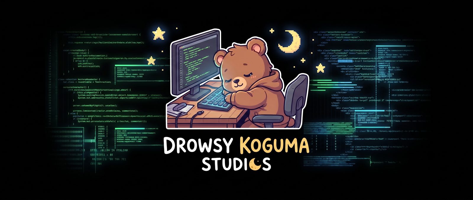 Drowsy Koguma Studios — a sleepy bear in a hoodie dozing at a computer full of code